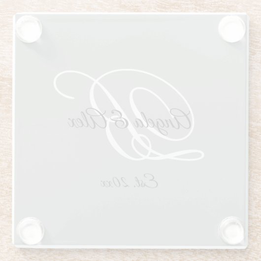 Schwarz-Weiß-Extravagant-Script-Monogramm grau Glasuntersetzer (Rückseite)