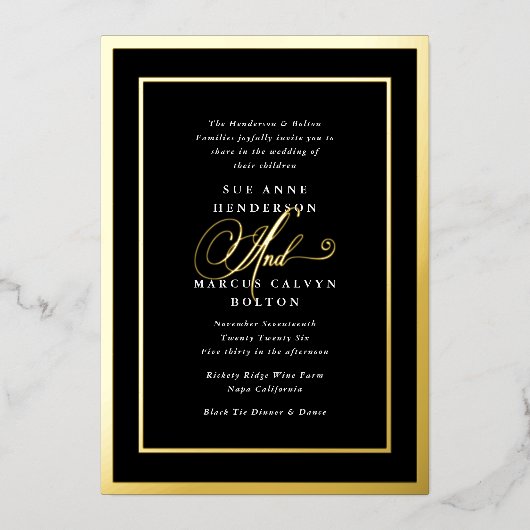 Schwarz-Weiß-Extravagante Kalligraphie-Goldhochzei Folieneinladung (Vorderseite)