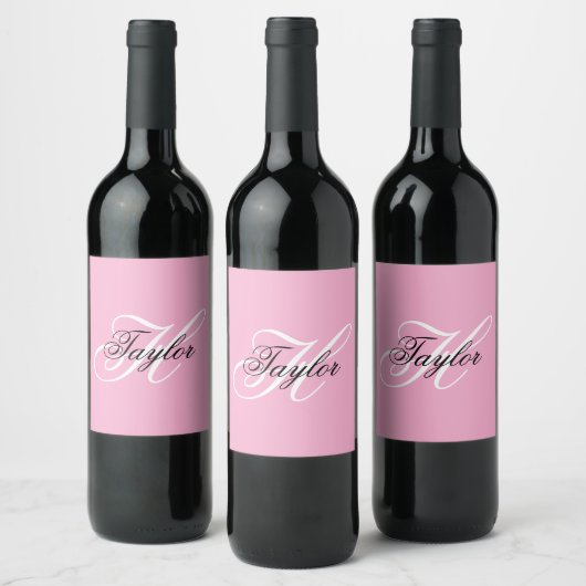 Schwarz-Weiß-Fancy-Monogramm Rosa Weinetikett (Flaschen)