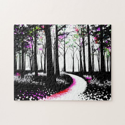 Schwarz-Weiß-Farbe mit Pink-Wald-Pfad Puzzle (Horizontal)