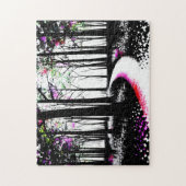 Schwarz-Weiß-Farbe mit Pink-Wald-Pfad Puzzle (Vertikal)