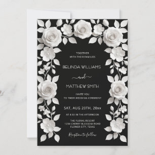 Schwarz-Weiß-Faux-Relief-Rosenrahmen-Hochzeit Einladung