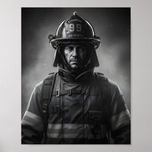 Schwarz-Weiß-Feuerwehrheld-Feuerwehrmann-Tribut Poster