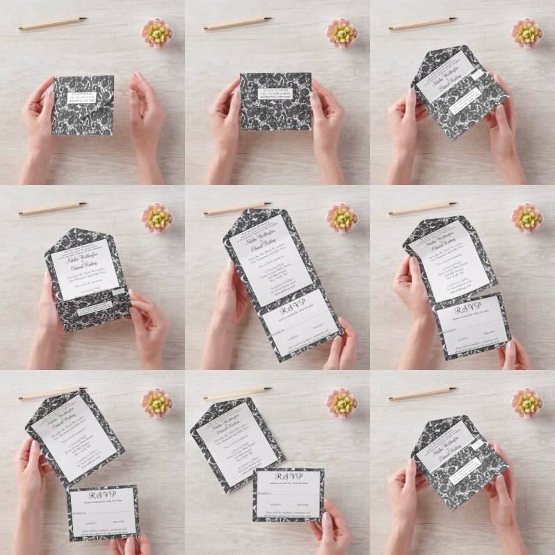 Schwarz-weiß Filigree Paisley Henna Wedding RSVP All In One Einladung