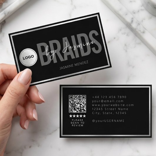 Schwarz-Weiß-Flechtsalon-QR-Code-Logo-Flechterin Visitenkarte