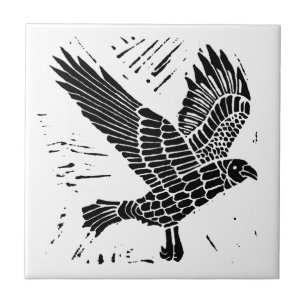 Schwarz-Weiß-Fliegenraven-Lino-Schnitt Fliese