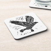 Schwarz-Weiß-Fliegenraven-Lino-Schnitt Getränkeuntersetzer (Linke Seite)