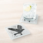 Schwarz-Weiß-Fliegenraven-Lino-Schnitt Glasuntersetzer (Schrägansicht)