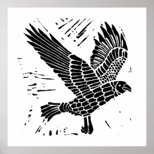 Schwarz-Weiß-Fliegenraven-Lino-Schnitt Poster