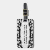 Schwarz-Weiß-Floral-Damasken Monograviert Gepäckanhänger (Vorderseite vertikal)