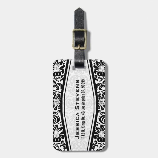 Schwarz-Weiß-Floral-Damasken Monograviert Gepäckanhänger (Vorderseite vertikal)