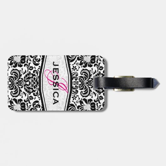 Schwarz-Weiß-Floral-Damasken Monograviert Gepäckanhänger (Rückseite horizontal)