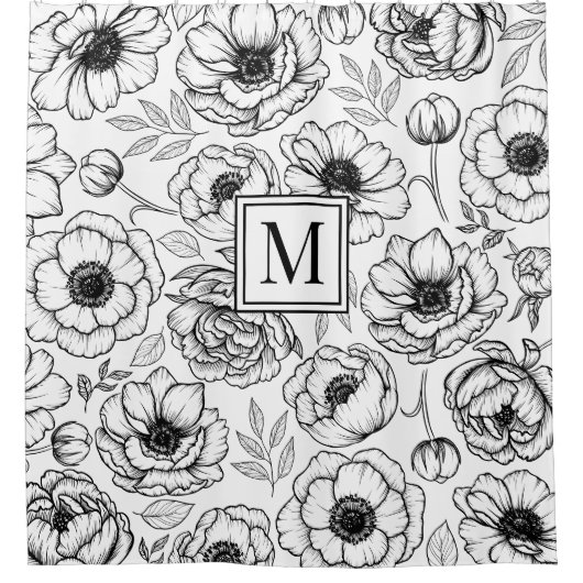 Schwarz-weiß Floral Initial Monogramm Duschvorhang (Vorderseite)