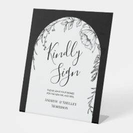 Schwarz-weiß Floral Kindly Sign Wedding Gästebuch Sockelschild