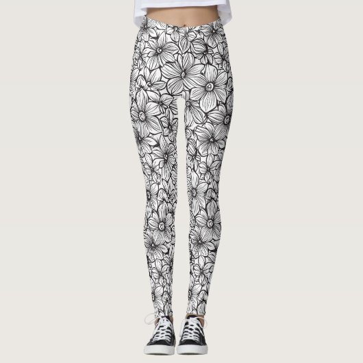 Schwarz Weiß Floral Leggings (Vorderseite)