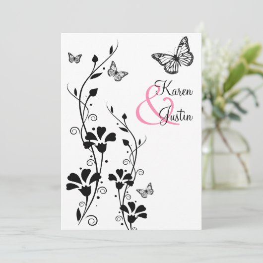 Schwarz-Weiß-Floral mit Schmetterlingen auf Leinen Einladung (Stehend Vorderseite)