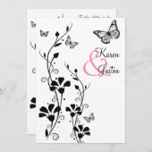 Schwarz-Weiß-Floral mit Schmetterlingen auf Leinen Einladung (Vorne/Hinten)