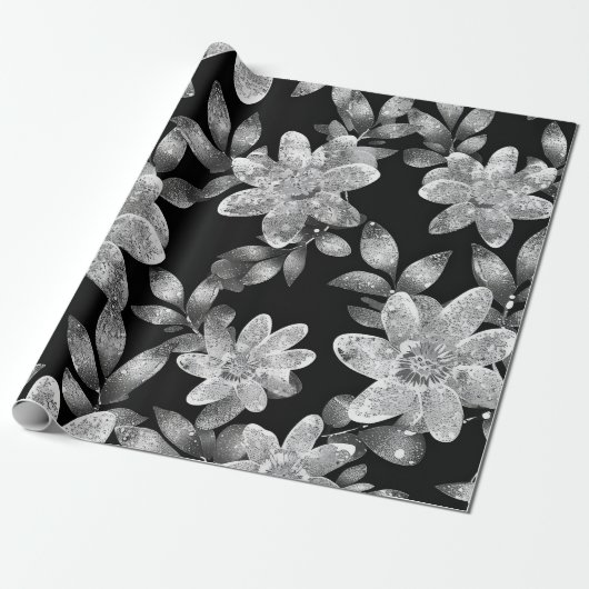 Schwarz-Weiß-FLowered Geschenkpapier (Ungerollt)