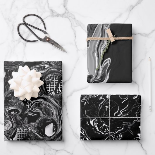 Schwarz-Weiß-Fluid-Kunst Moderne Abstrakt Geschenkpapier Set (Vorderseite)