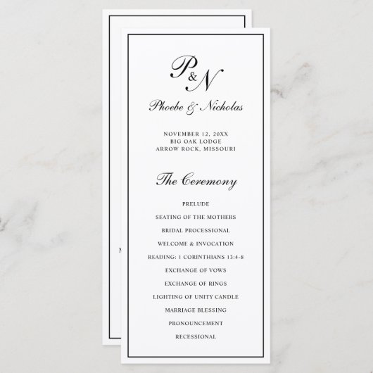 Schwarz-Weiß-formelle Mondgramm-Hochzeit Programm (Vorne/Hinten)