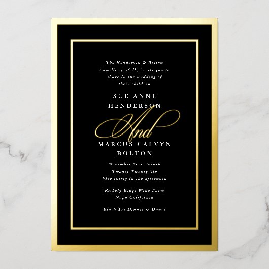 Schwarz-Weiß-Formkalligrafie-Hochzeit Gold Folieneinladung (Vorderseite)