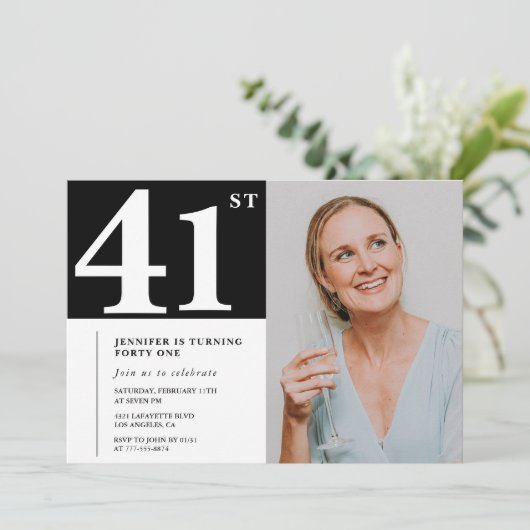 Schwarz-Weiß-Foto 41. Geburtstagseinladungen Einladung (Stehend Vorderseite)