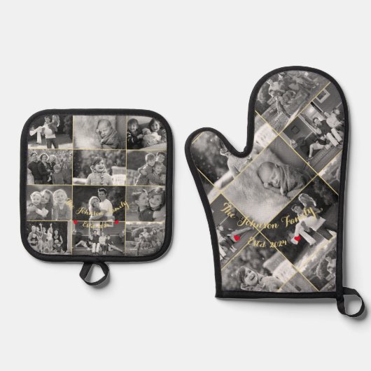 Schwarz-Weiß-Foto Collage Gold Monogramm Ofenhandschuh & Topflappen-Set (Vorderseite)