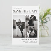 Schwarz-Weiß-Foto-Collage Zeitungs-Hochzeit Save The Date (Stehend Vorderseite)