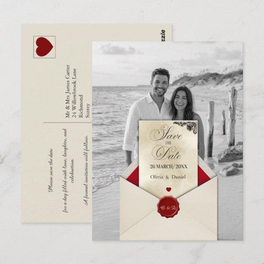 Schwarz-Weiß-Foto Elfenbein-Monogramm Save-the-Dat Postkarte (Vorne/Hinten)