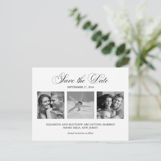 Schwarz-Weiß-Foto Hochzeit speichern Sie das Datum Ankündigungspostkarte (Stehend Vorderseite)