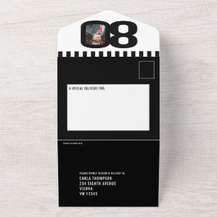 Schwarz-Weiß-Foto Kreise Streifen 80. Geburtstag All In One Einladung