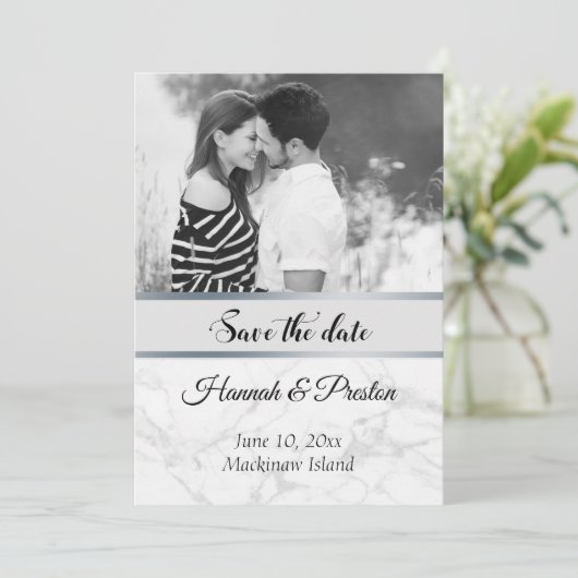 Schwarz-Weiß-Foto-Marmor Save the Date (Stehend Vorderseite)