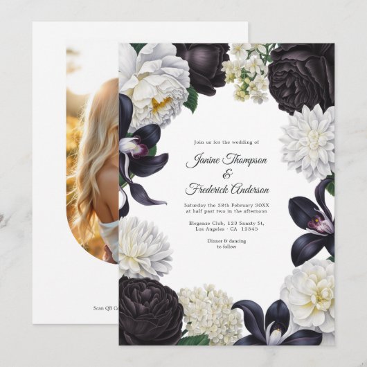 Schwarz-Weiß-Foto/QR-Code Florale Hochzeit Einladung (Vorne/Hinten)
