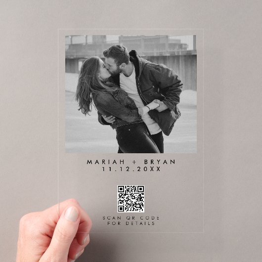 Schwarz-Weiß-Foto-QR-Code Moderne Hochzeit Acryleinladungen (Insitu (Handheld))