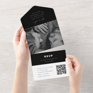 Schwarz-Weiß-Foto QR-Code RSVP Moderne Hochzeit All In One Einladung