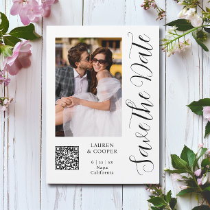 Schwarz-Weiß-Foto-Script-Save-the-Date-QR-Code Magnetkarte