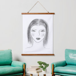 Schwarz-Weiß-Frau-Gesichtsskizze für Galerie-Wand Wandteppich Mit Holzrahmen