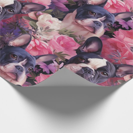 Schwarz-Weiß-Frenchie-Blumenpapier Geschenkpapier (Ecke)