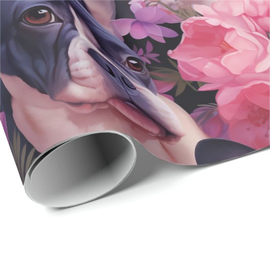 Schwarz-Weiß-Frenchie-Blumenpapier Geschenkpapier (Rolleneckpunkt)