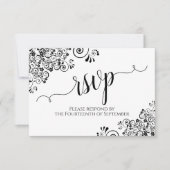 Schwarz & Weiß Frilly Elegante Calligrafy Wedding RSVP Karte (Vorderseite)