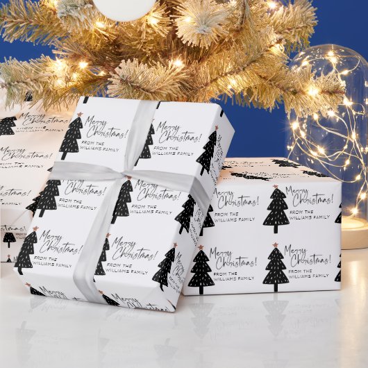 Schwarz-Weiß-frohe Weihnachtsbaum Name Geschenkpapier (Feiertage)