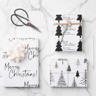 Schwarz-Weiß-frohe Weihnachtsbaum Name Geschenkpapier Set