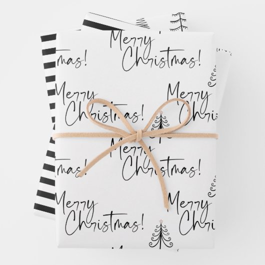 Schwarz-Weiß-frohe Weihnachtsbaum Streifen Geschenkpapier Set (Beispiel)