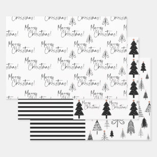 Schwarz-Weiß-frohe Weihnachtsbaum Streifen Geschenkpapier Set