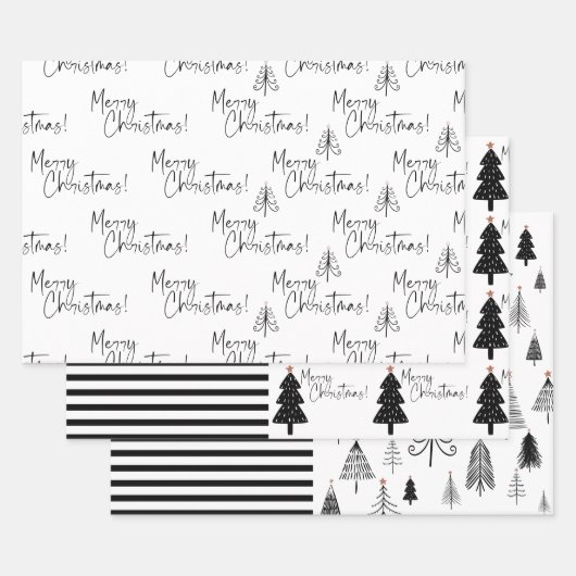 Schwarz-Weiß-frohe Weihnachtsbaum Streifen Geschenkpapier Set (Set)