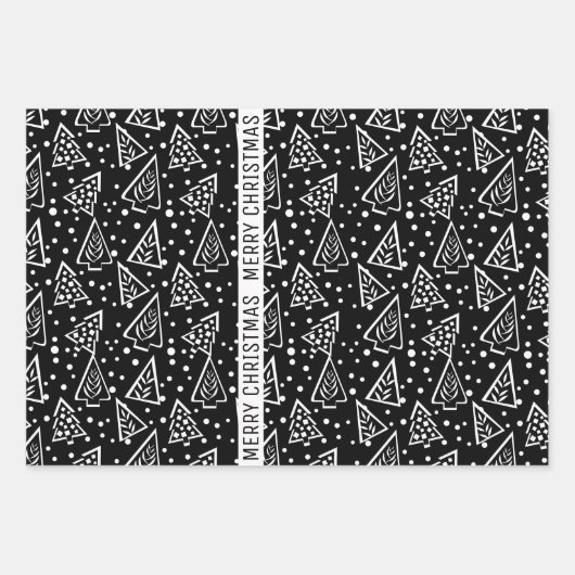 Schwarz-Weiß Frohe Weihnachtsbäume Urlaub Geschenkpapier Set (Vorderseite 2)