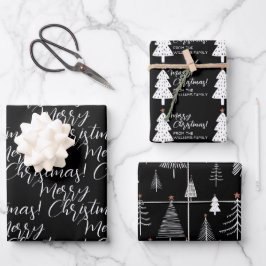 Schwarz-weiß frohe Weihnachtsbaumnacht Wrapping Geschenkpapier Set