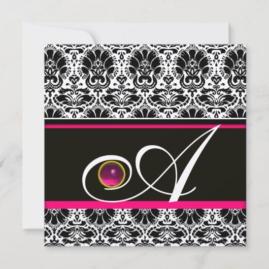 SCHWARZ WEISS FUCHSIA DAMAST MONOGRAMM Amethyst G Einladung (Vorderseite)