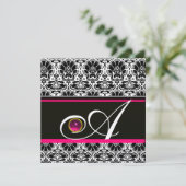 SCHWARZ WEISS FUCHSIA DAMAST MONOGRAMM Amethyst G Einladung (Stehend Vorderseite)