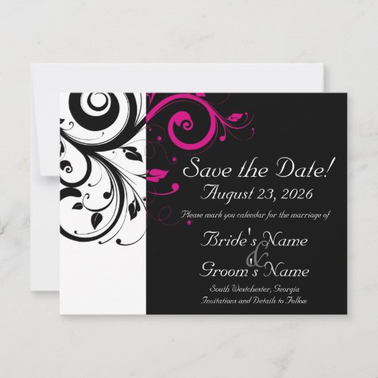 Schwarz, Weiß, Fuchsia Swirl Hochzeit Sichern Sie Save The Date (Vorderseite)